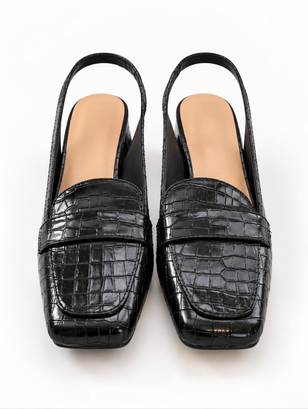 Black Croc Embossed Slingback Loafer Pumps Block Heel Shoes EU 39 - Picture 4 of 9